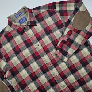 Pendleton Mens Large Plaid Flannel Shirt Button Up Wool Elbow Patch Red Outdoor